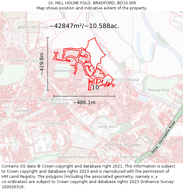 10, MILL HOLME FOLD, BRADFORD, BD10 0FA: Plot and title map