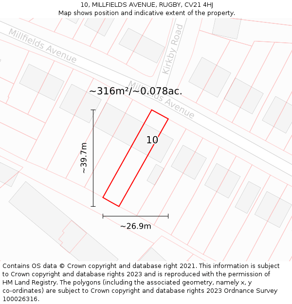 10, MILLFIELDS AVENUE, RUGBY, CV21 4HJ: Plot and title map