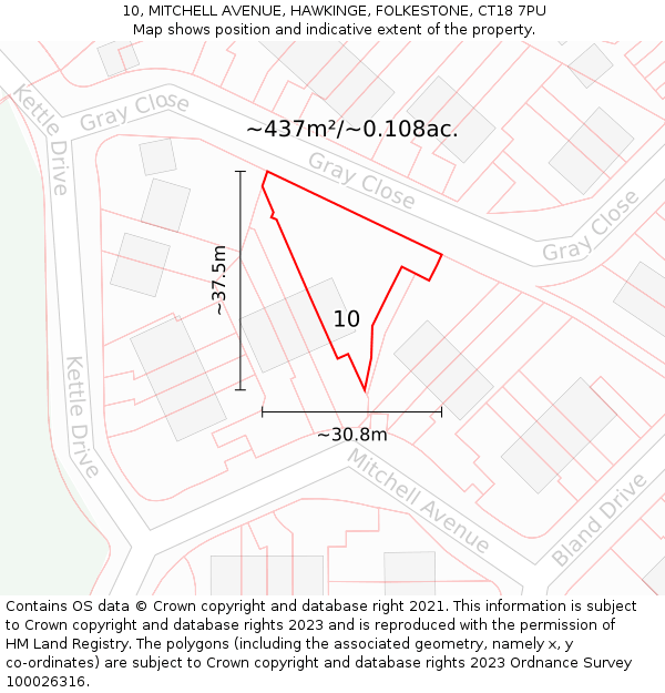 10, MITCHELL AVENUE, HAWKINGE, FOLKESTONE, CT18 7PU: Plot and title map