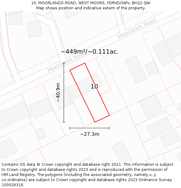 10, MOORLANDS ROAD, WEST MOORS, FERNDOWN, BH22 0JW: Plot and title map