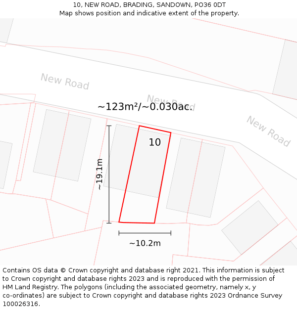 10, NEW ROAD, BRADING, SANDOWN, PO36 0DT: Plot and title map