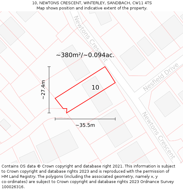 10, NEWTONS CRESCENT, WINTERLEY, SANDBACH, CW11 4TS: Plot and title map