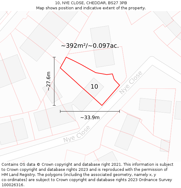 10, NYE CLOSE, CHEDDAR, BS27 3PB: Plot and title map