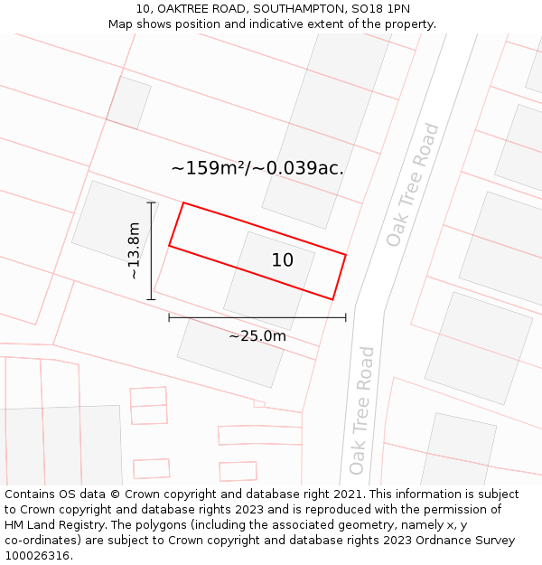 10, OAKTREE ROAD, SOUTHAMPTON, SO18 1PN: Plot and title map