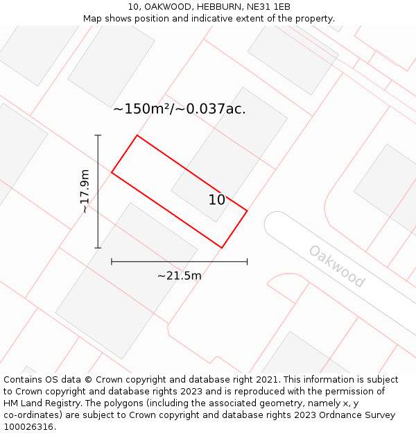 10, OAKWOOD, HEBBURN, NE31 1EB: Plot and title map