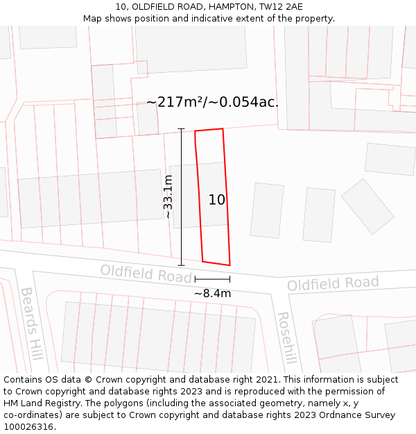 10, OLDFIELD ROAD, HAMPTON, TW12 2AE: Plot and title map