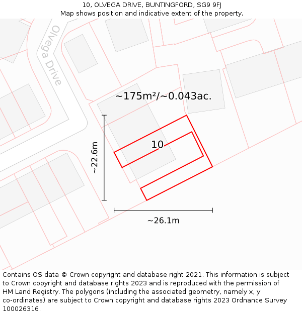 10, OLVEGA DRIVE, BUNTINGFORD, SG9 9FJ: Plot and title map