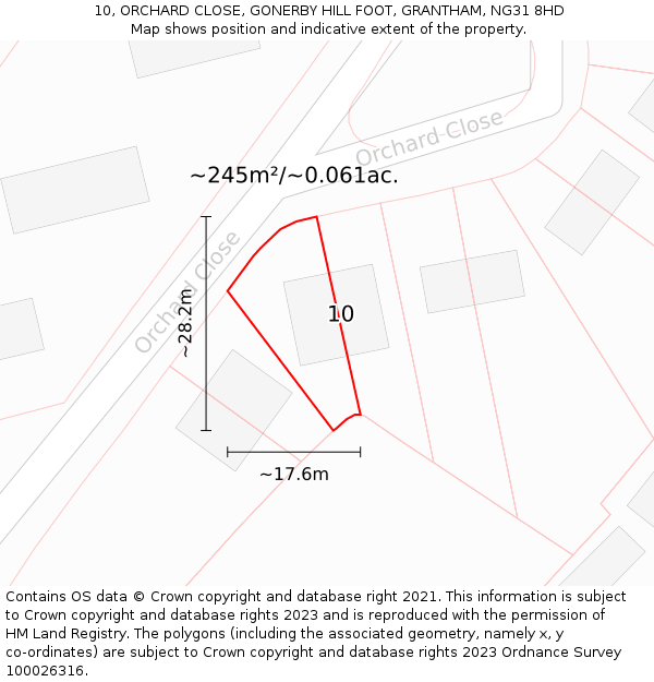 10, ORCHARD CLOSE, GONERBY HILL FOOT, GRANTHAM, NG31 8HD: Plot and title map