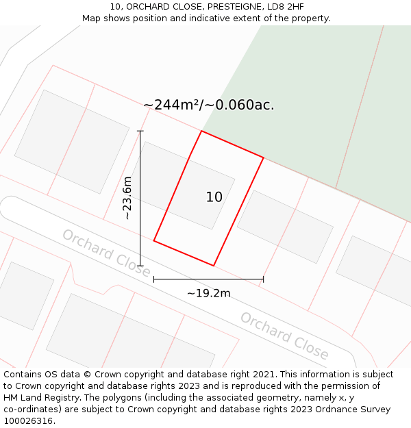 10, ORCHARD CLOSE, PRESTEIGNE, LD8 2HF: Plot and title map