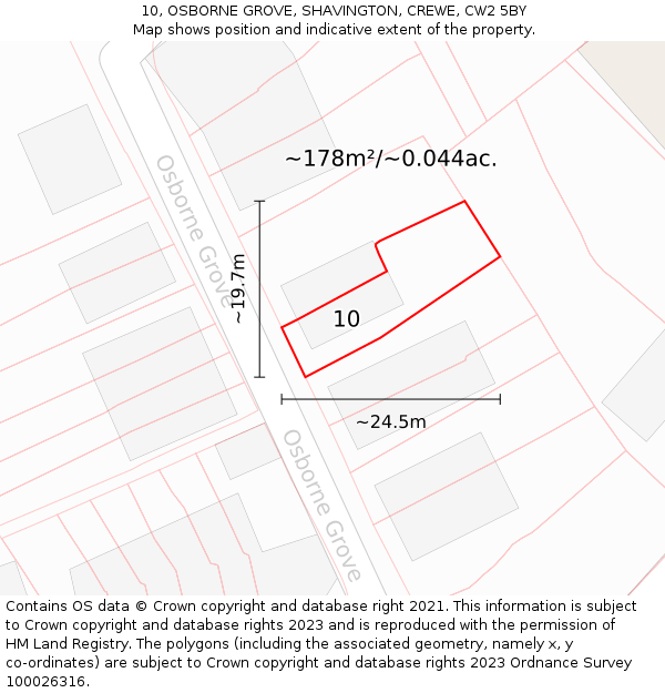 10, OSBORNE GROVE, SHAVINGTON, CREWE, CW2 5BY: Plot and title map