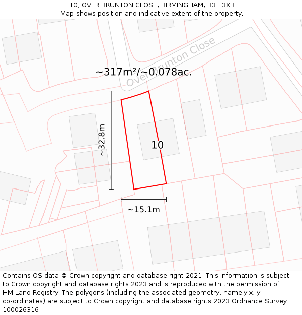 10, OVER BRUNTON CLOSE, BIRMINGHAM, B31 3XB: Plot and title map