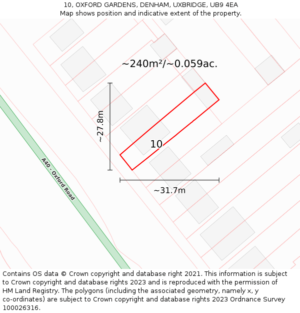 10, OXFORD GARDENS, DENHAM, UXBRIDGE, UB9 4EA: Plot and title map