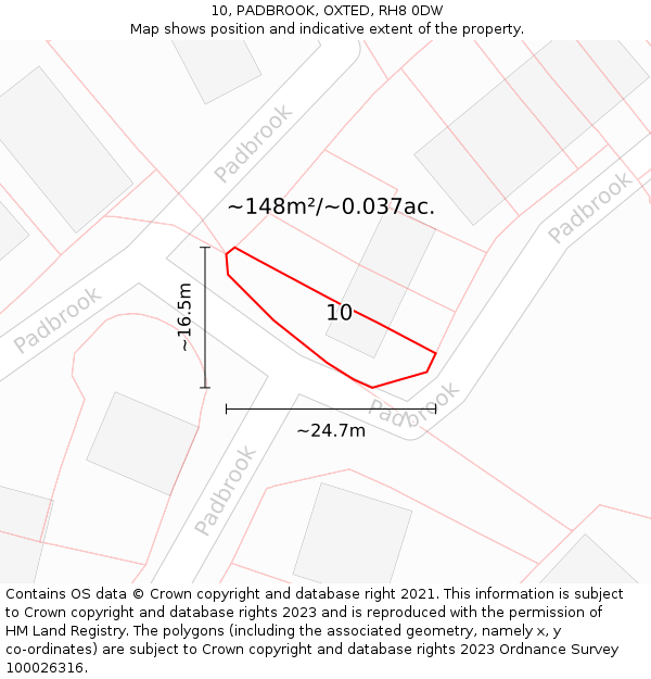 10, PADBROOK, OXTED, RH8 0DW: Plot and title map