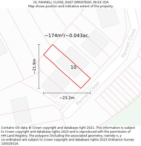 10, PANNELL CLOSE, EAST GRINSTEAD, RH19 1DA: Plot and title map