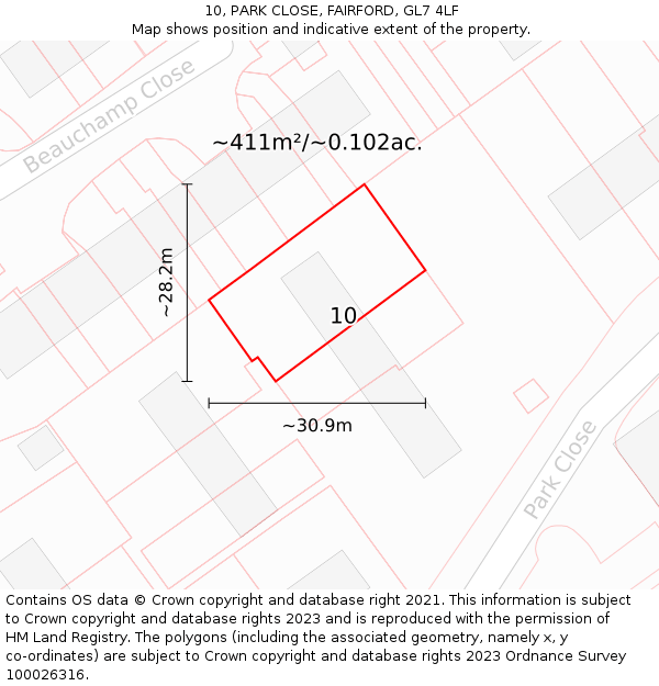 10, PARK CLOSE, FAIRFORD, GL7 4LF: Plot and title map