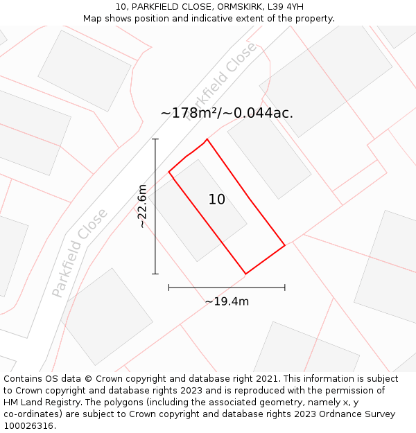 10, PARKFIELD CLOSE, ORMSKIRK, L39 4YH: Plot and title map