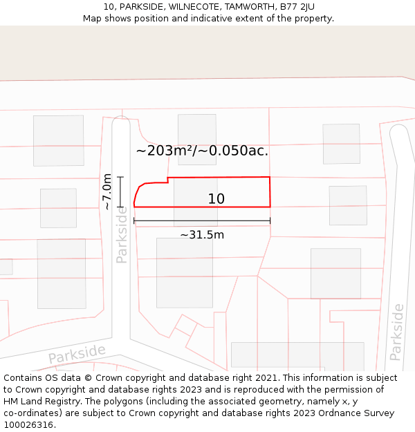 10, PARKSIDE, WILNECOTE, TAMWORTH, B77 2JU: Plot and title map