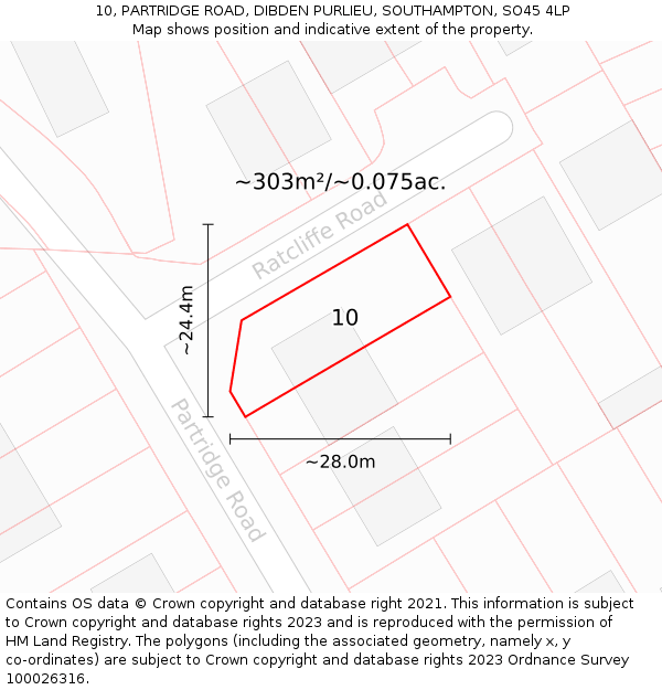 10, PARTRIDGE ROAD, DIBDEN PURLIEU, SOUTHAMPTON, SO45 4LP: Plot and title map