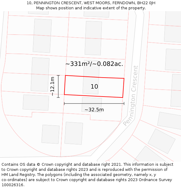 10, PENNINGTON CRESCENT, WEST MOORS, FERNDOWN, BH22 0JH: Plot and title map