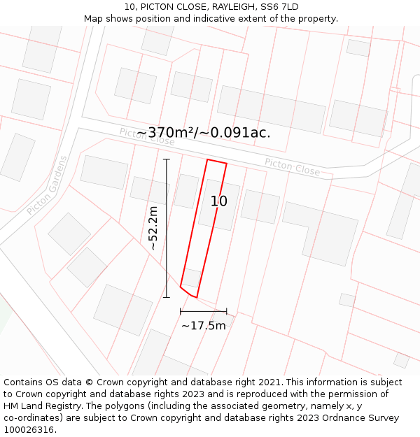 10, PICTON CLOSE, RAYLEIGH, SS6 7LD: Plot and title map