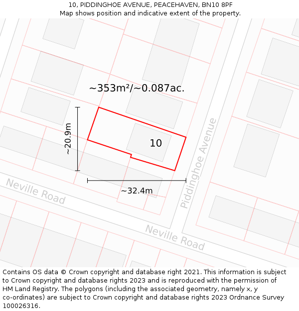 10, PIDDINGHOE AVENUE, PEACEHAVEN, BN10 8PF: Plot and title map