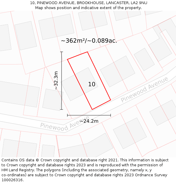 10, PINEWOOD AVENUE, BROOKHOUSE, LANCASTER, LA2 9NU: Plot and title map