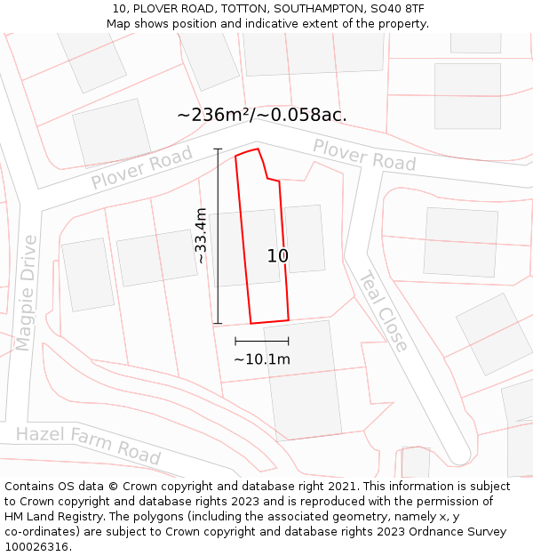 10, PLOVER ROAD, TOTTON, SOUTHAMPTON, SO40 8TF: Plot and title map