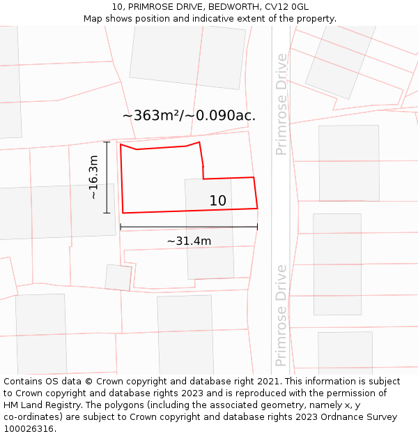 10, PRIMROSE DRIVE, BEDWORTH, CV12 0GL: Plot and title map