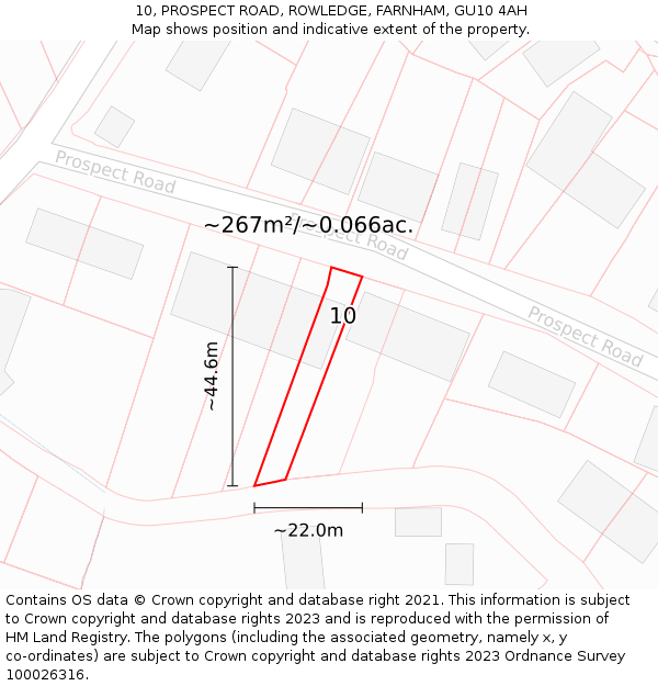 10, PROSPECT ROAD, ROWLEDGE, FARNHAM, GU10 4AH: Plot and title map