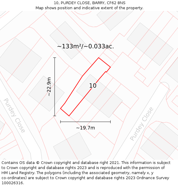 10, PURDEY CLOSE, BARRY, CF62 8NS: Plot and title map