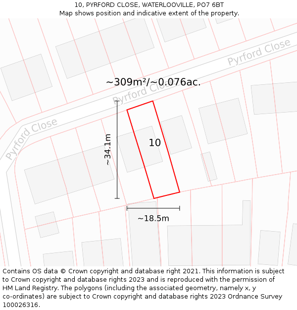10, PYRFORD CLOSE, WATERLOOVILLE, PO7 6BT: Plot and title map