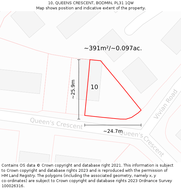 10, QUEENS CRESCENT, BODMIN, PL31 1QW: Plot and title map