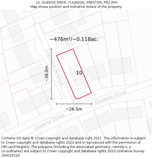 10, QUEENS DRIVE, FULWOOD, PRESTON, PR2 9YH: Plot and title map