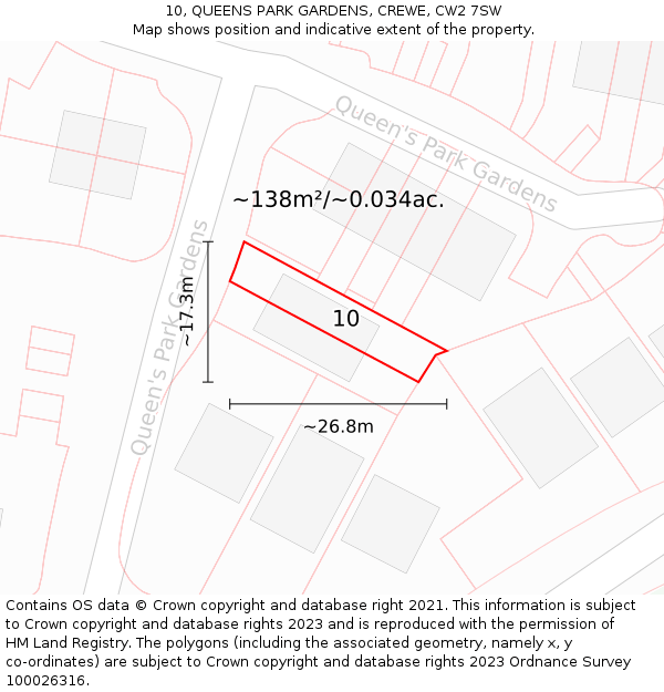 10, QUEENS PARK GARDENS, CREWE, CW2 7SW: Plot and title map