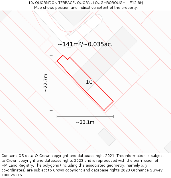 10, QUORNDON TERRACE, QUORN, LOUGHBOROUGH, LE12 8HJ: Plot and title map