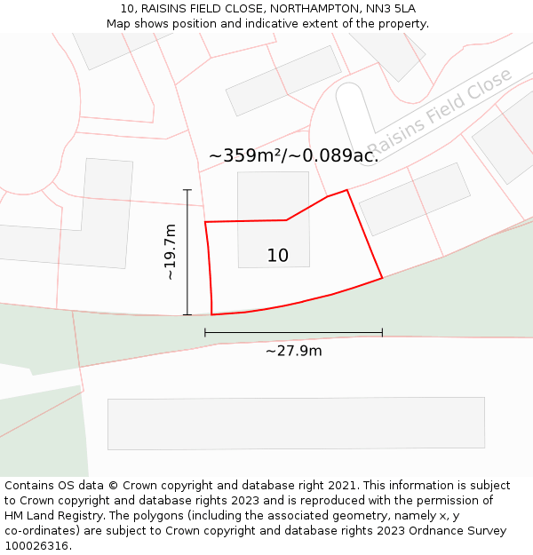 10, RAISINS FIELD CLOSE, NORTHAMPTON, NN3 5LA: Plot and title map