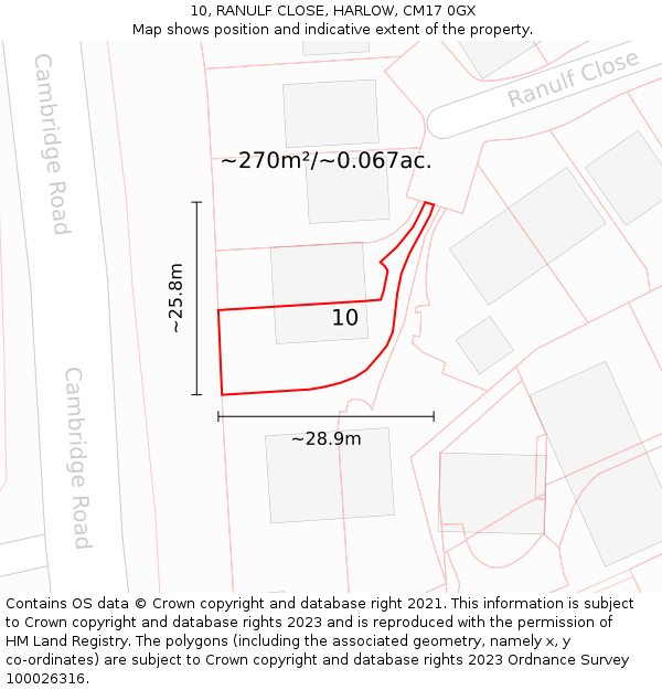 10, RANULF CLOSE, HARLOW, CM17 0GX: Plot and title map