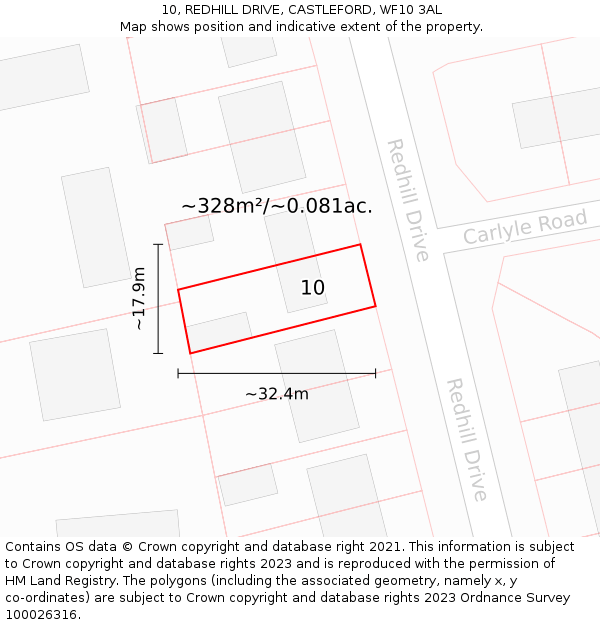 10, REDHILL DRIVE, CASTLEFORD, WF10 3AL: Plot and title map