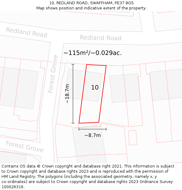 10, REDLAND ROAD, SWAFFHAM, PE37 8GS: Plot and title map