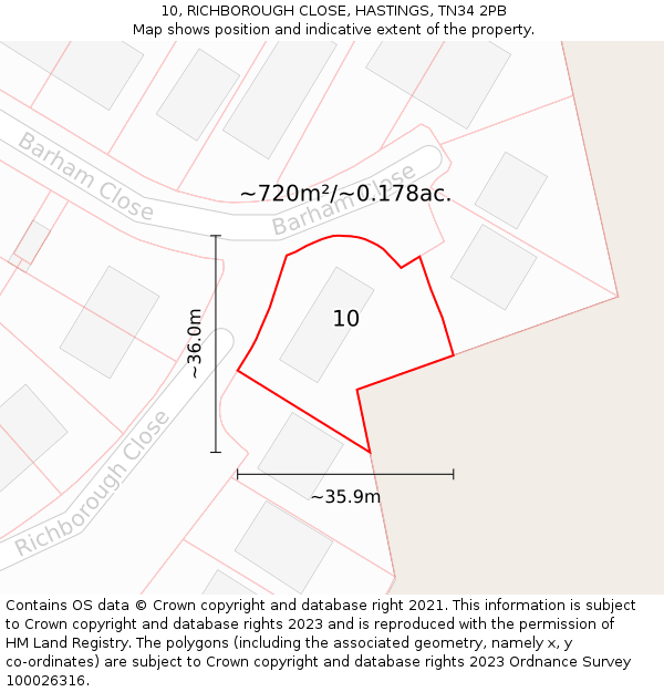 10, RICHBOROUGH CLOSE, HASTINGS, TN34 2PB: Plot and title map