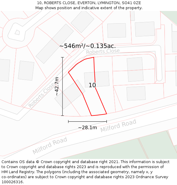 10, ROBERTS CLOSE, EVERTON, LYMINGTON, SO41 0ZE: Plot and title map