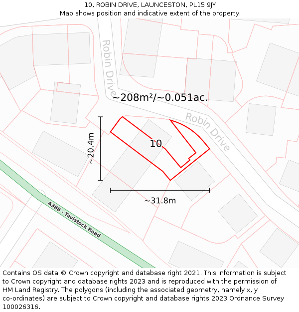 10, ROBIN DRIVE, LAUNCESTON, PL15 9JY: Plot and title map