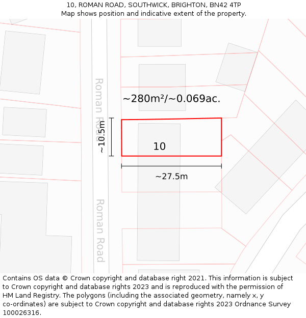 10, ROMAN ROAD, SOUTHWICK, BRIGHTON, BN42 4TP: Plot and title map