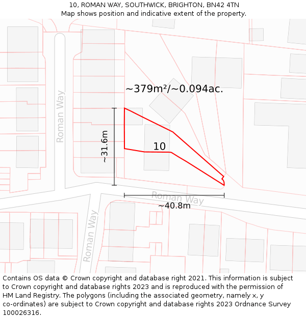 10, ROMAN WAY, SOUTHWICK, BRIGHTON, BN42 4TN: Plot and title map