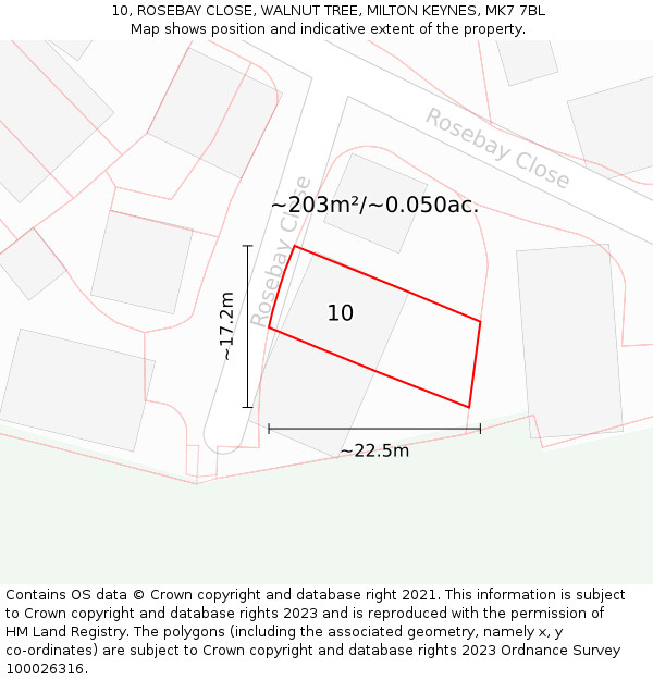 10, ROSEBAY CLOSE, WALNUT TREE, MILTON KEYNES, MK7 7BL: Plot and title map