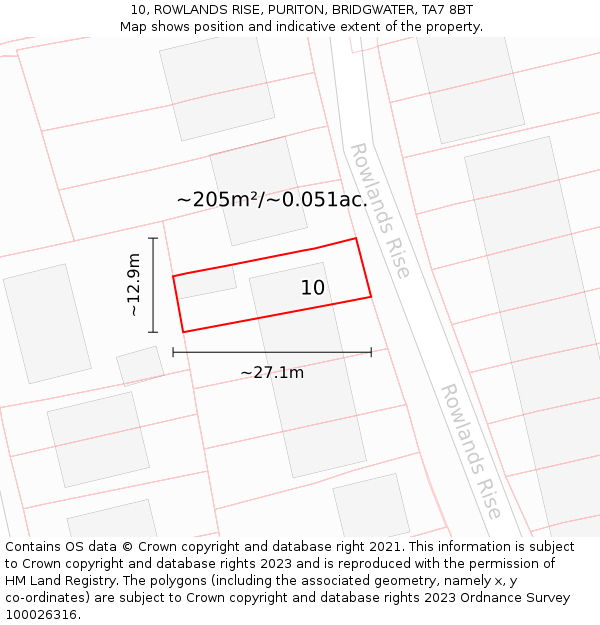 10, ROWLANDS RISE, PURITON, BRIDGWATER, TA7 8BT: Plot and title map