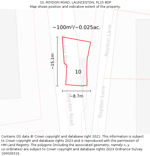 10, ROYDON ROAD, LAUNCESTON, PL15 8DP: Plot and title map