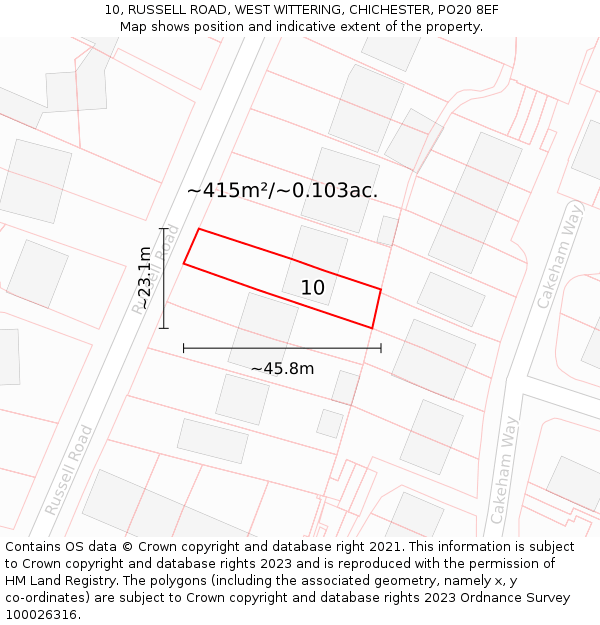 10, RUSSELL ROAD, WEST WITTERING, CHICHESTER, PO20 8EF: Plot and title map