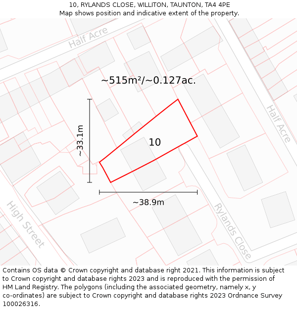 10, RYLANDS CLOSE, WILLITON, TAUNTON, TA4 4PE: Plot and title map