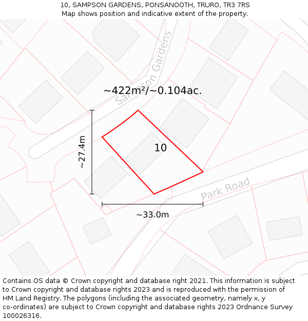 10, SAMPSON GARDENS, PONSANOOTH, TRURO, TR3 7RS: Plot and title map